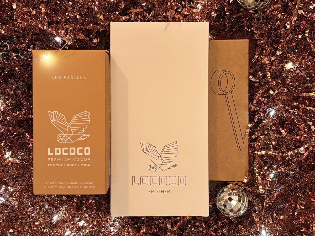 The LOCOCO Lux Vanilla cocoa kit with a frother and wooden scoop