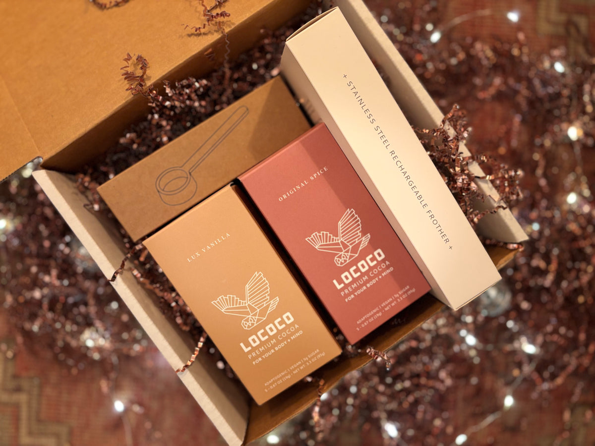 The LOCOCO cocoa bundle kit with both flavors, a frother and a scoop