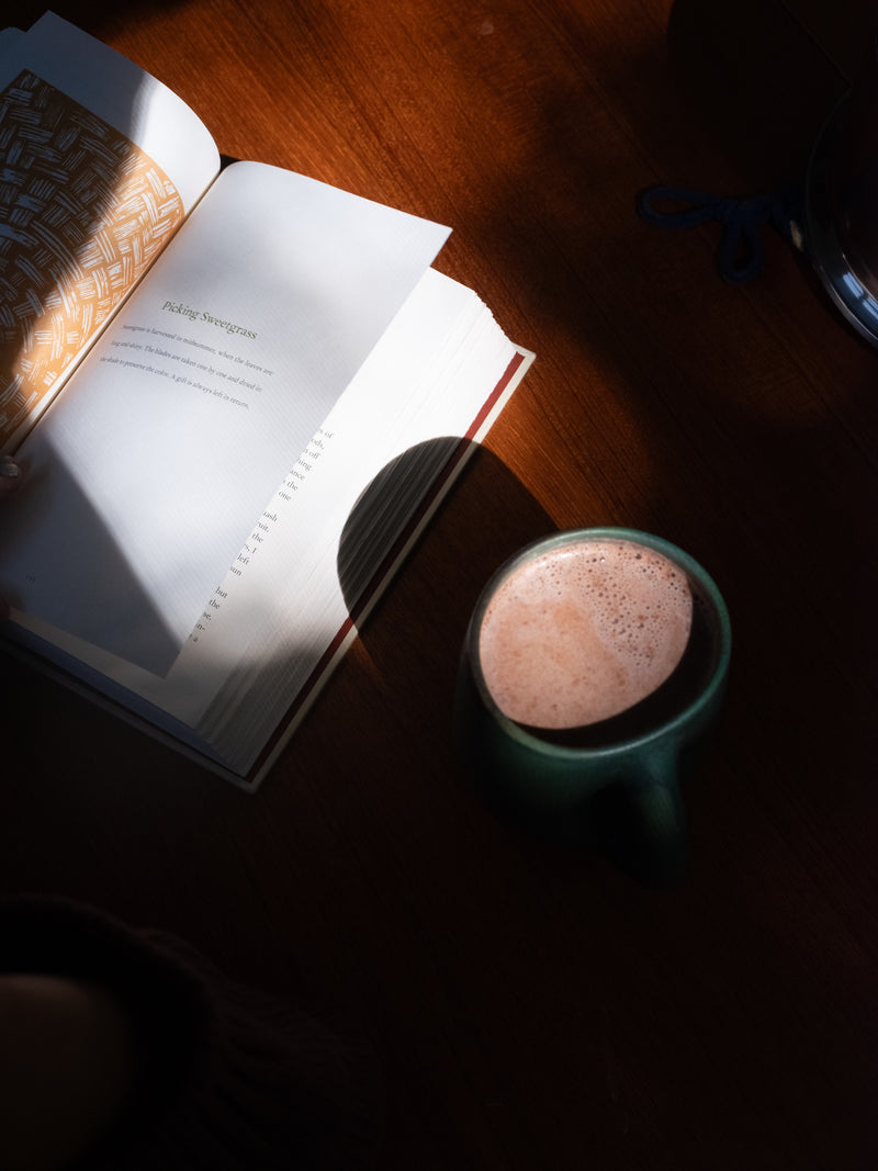 A cup of LOCOCO from above beside a book, in evening light
