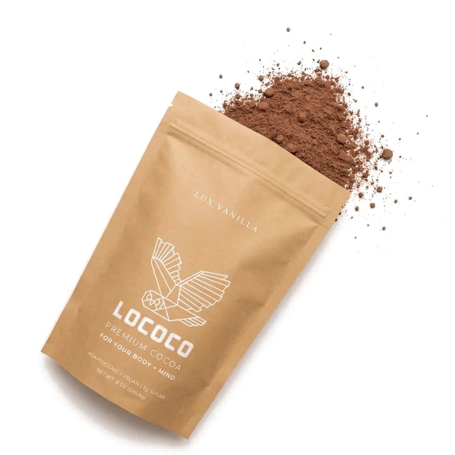 LOCOCO Lux Vanilla cocoa bag with cocoa spilling out