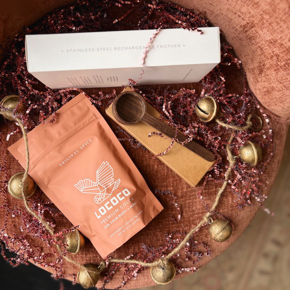 Original Spice Cocoa Kit: a bag of Original Spice cocoa, the LOCOCO frother and a wooden scoop