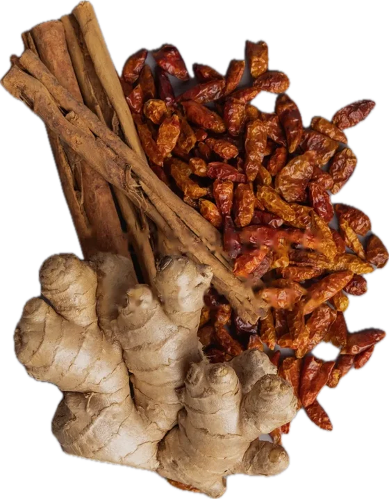 Ceylon cinnamon sticks, dried cayenne and fresh ginger
