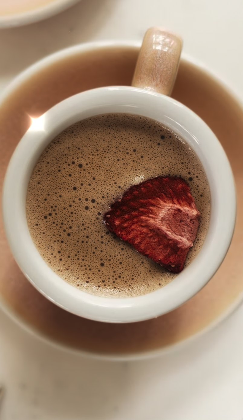 A cup of cocoa topped with a freeze-dried strawberry